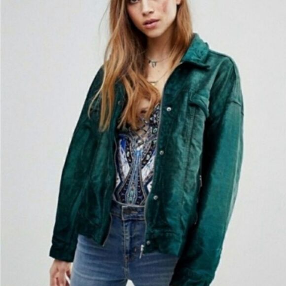 Free People Emerald Green Velvet Trucker Jacket with Silver Buttons Size Xs - Picture 11 of 16
